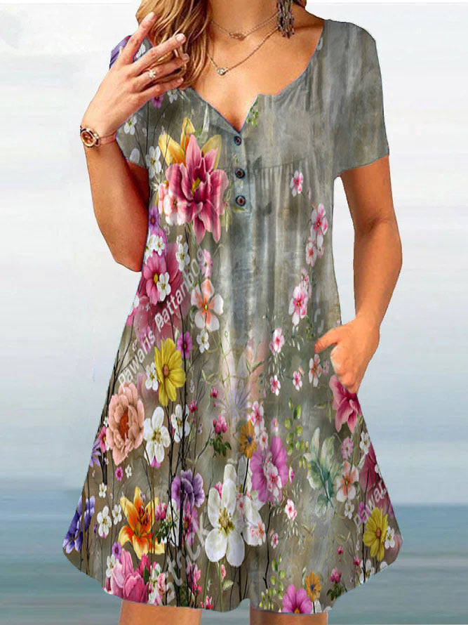 V Neck Floral Print Button Wholesale Swing Dresses With Pockets For Women