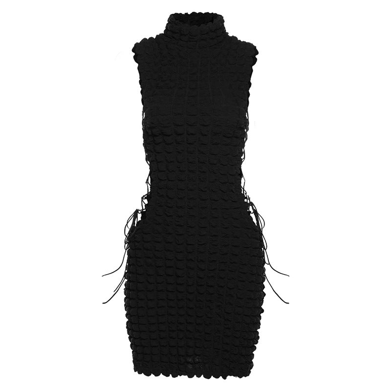 Bubble Waffle Solid Color Sleeveless Lace-Up Hollow Slim Fit Hip Bodycon Dress Sexy Wholesale Mini Dresses