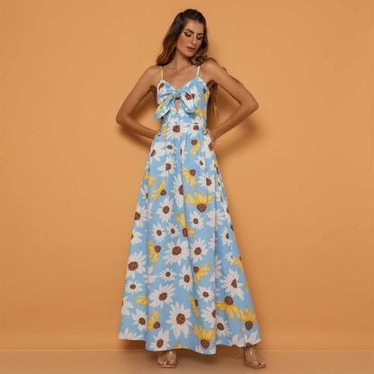 Floral Print Sleeve Spaghetti Strap Wholesale Maxi Dresses