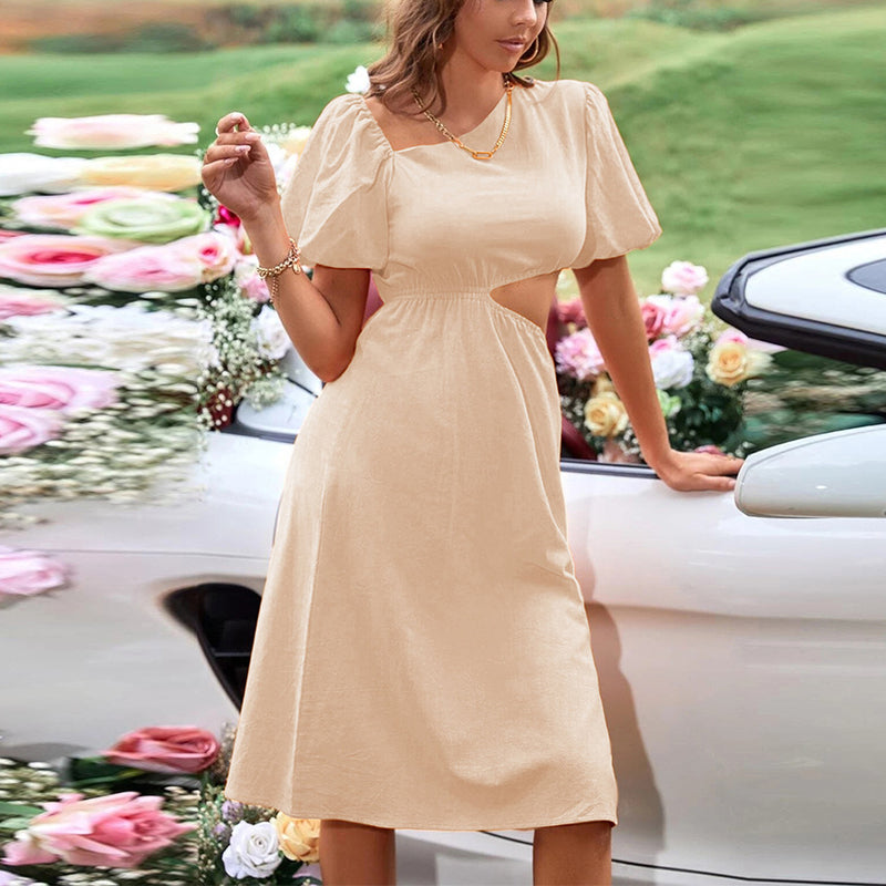 Solid Color Short Sleeve Split Hem Cutout Wholesale Casual Dresses