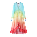 Gradient Color Print V-Neck Fringe Lace-Up Cuff Vacation Fashion Irregular Hem Ruffles Wholesale Maxi Dresses