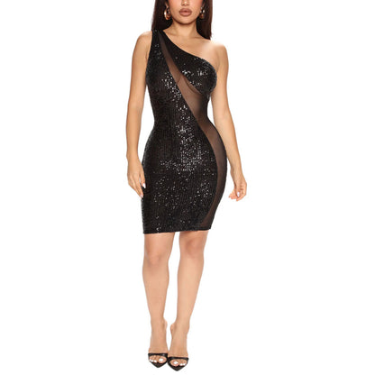 One Shoulder Sexy Mesh Bag Hip Sequin Dress Wholesale Dresses