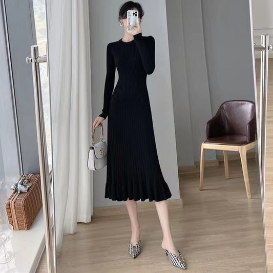 Wool Knitted All-Match Slim Long-Sleeved Round Neck Midi Dress Wholesale Dresses