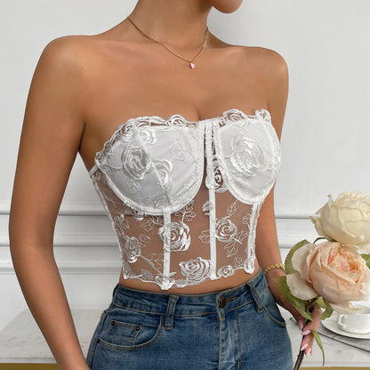 Lace Mesh Rose Strapless Corsets Wholesale Womens Tops