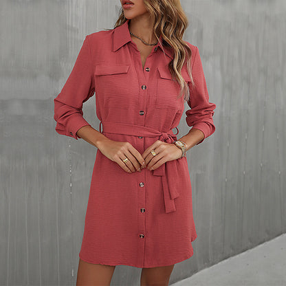 Casual Lapel Single-Breasted Solid Color Laced Shirt Dress Wholesale Dresses