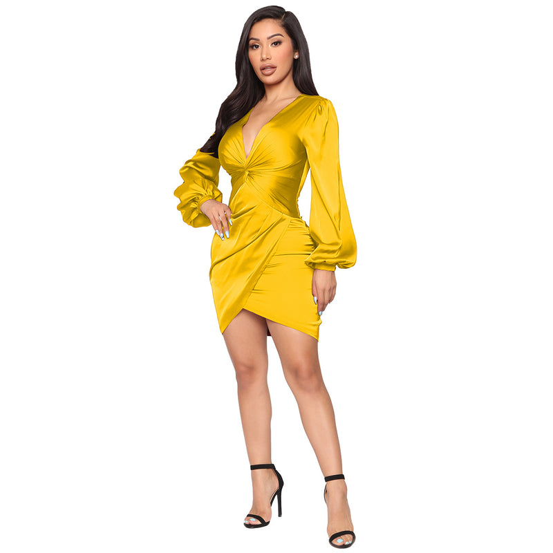 Satin Sexy Deep V Mini Dress Solid Color Long Sleeve Asymmetric Bodycon Wholesale Dresses