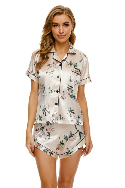 Printed Satin Shirts & Shorts Casual 2pcs Suits Homewear Womens Pajamas Wholesale Loungewear Sets