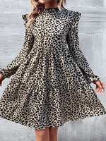 Ruffled Long Sleeve Leopard Pullover Slim Dress Wholesale Dresses