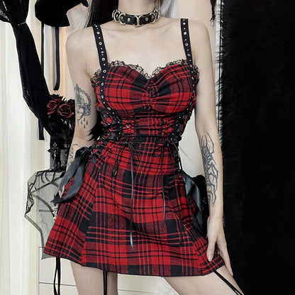 Dark Style Plaid Tie Cami Sleeveless Mide Dress Wholesale Women Clothing