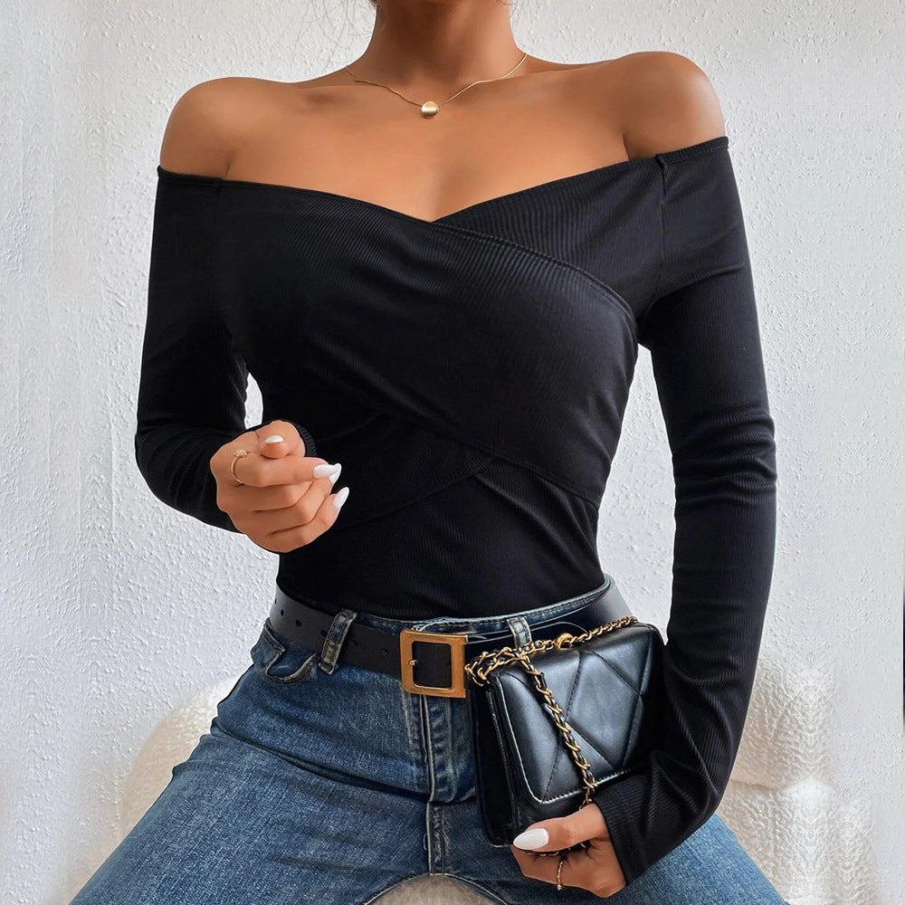 Sexy Off-Shoulder Tops Solid Color Slim Long Sleeve Knitted Wholesale Top