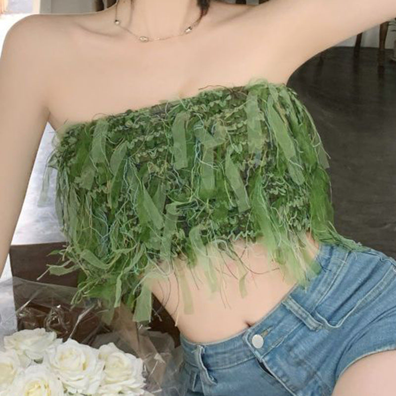 Stylish Niche Denim Stitching Strapless Tube Top Crop Top Wholesale Women Top