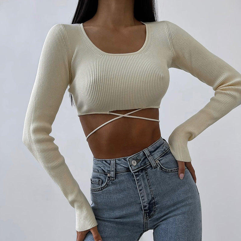 Solid Color Skinny Wool Strap Long Sleeves All-Match Crop Tops Wholesale Women Tops