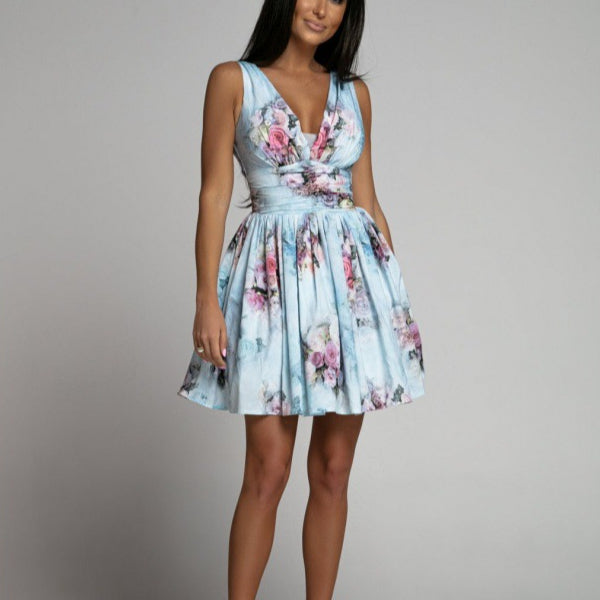 Floral Print Sleevelesss Nipped Waist V Neck Backless Party Swing Bridesmaid Dress Wholesale Dresses