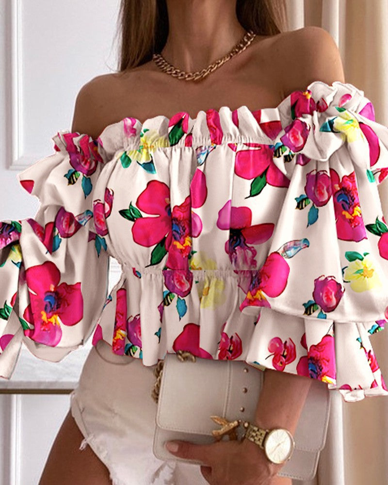 Fashion Off Shoulder Printed Sexy Ruffles Waist Elastic Shirts Wholesale Crop Tops ST531871