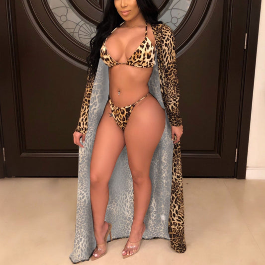 Split Swimsuits Leopard Print Mini Bikini & Long Cardigan Womens 3pcs Sets Swimwear Wholesale Vendors