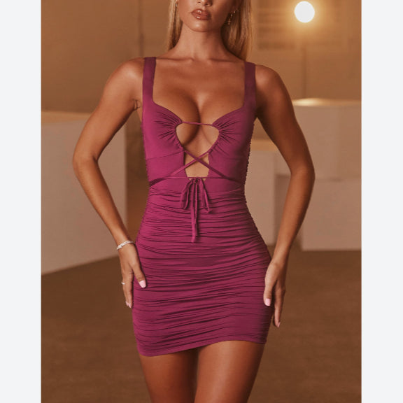 Solid Color Lace-Up Hollow Sexy Sundresses Sling Pleated Bodycon Dress Wholesale Mini Dresses