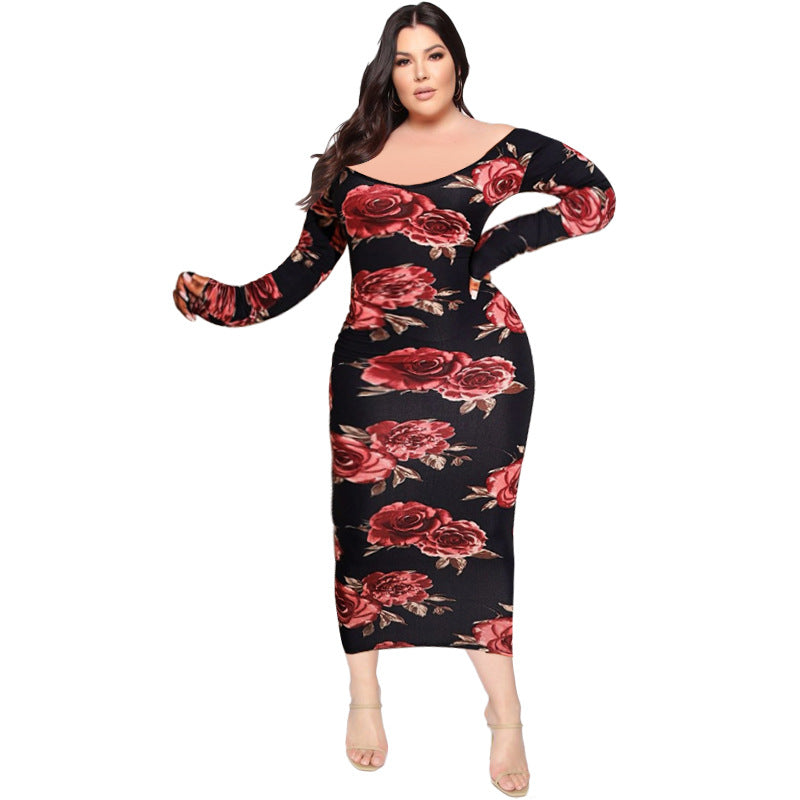 Off Shoulder Floral Print Midi Dress Crew Neck Long Sleeve Sexy Bodycon Wholesale Dresses