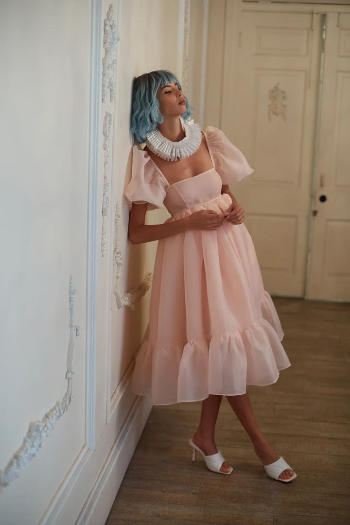Gorgeous Tie-Dye Puff Sleeve Midi Princess Dress Puffy Skirt Organza Wholesale Dresses Vintage