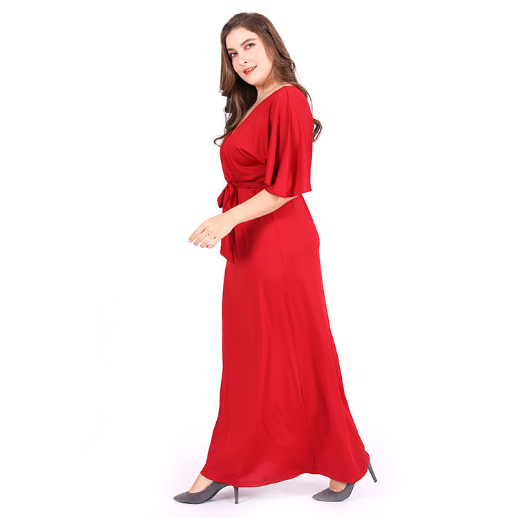 V Neck Tie-Up Flare Short Sleeve Curvy Dresses Wholesale Plus Size Clothing