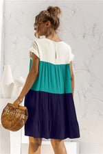 Round Neck Colorblock Ruffles Short Sleeve Loose Smocked Dresses Casual T Shirt Dress Wholesale
