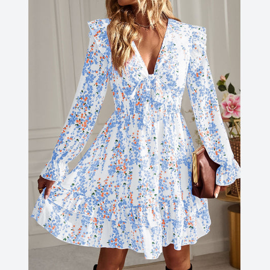 Floral Print Tie-Up Collar Lapel Swing Ruffled Dress Wholesale Dresses