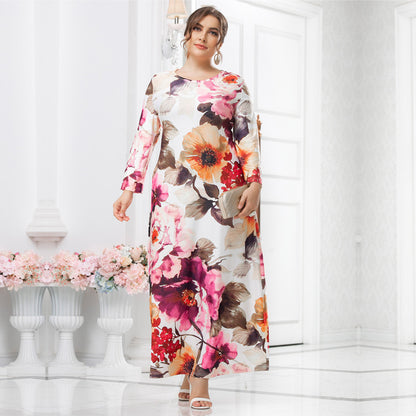 Wholesale Plus Size Women'S Clothing Long-Sleeved Round Neck Print Slim Temperament Maxi Dress