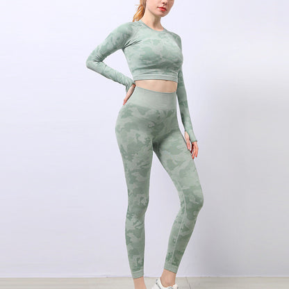 Camo Print Long-Sleeve Tops & Bra & Leggings Yoga Suit Wholesale Activewear Sets