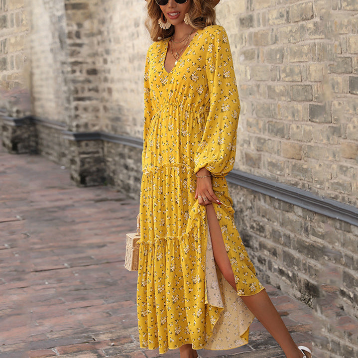 V-Neck Floral Print Long Sleeve Slit Smocked Dress Wholesale Maxi Dresses