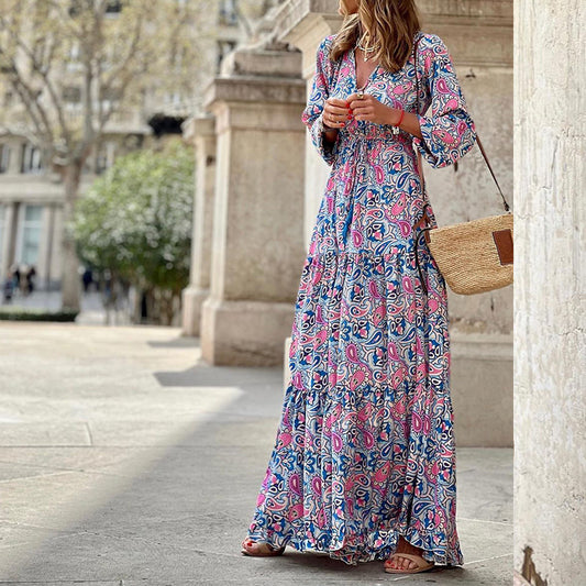 Printed V-Neck Long Sleeve Mid Length Smocked Dress Wholesale Maxi Dresses