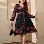 Rose Print Long Sleeve Swing Curve Dresses Wholesale Plus Size Clothing