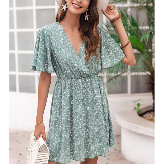 Bell Sleeve Polka Dot V Neck Simple Daily Dress wholesale dresses