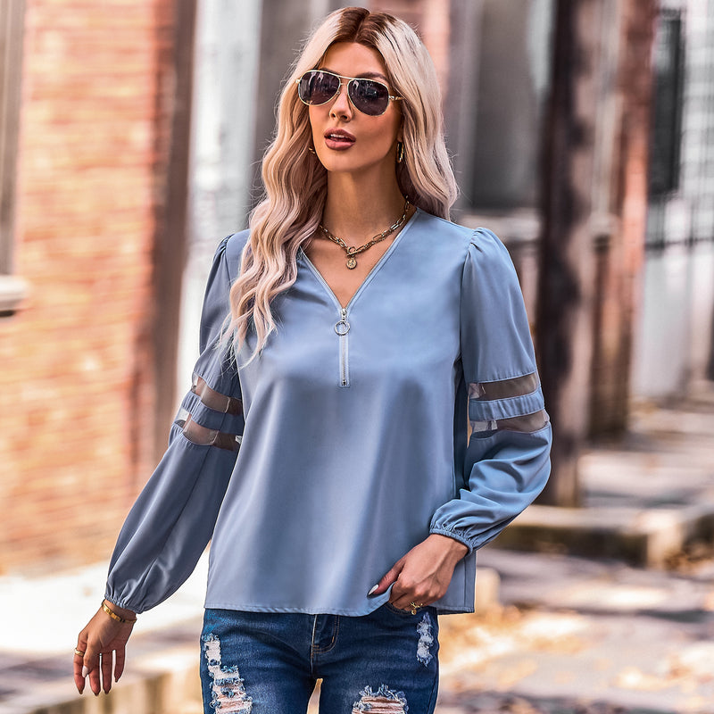 Fashion Mesh Stitching Long Sleeve Zipper V-Neck Shirts Wholesale Womens Tops