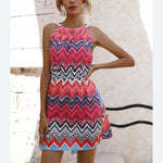 Geometric Print Sleeveless Round Neck Nipped Waist A-Line Resort Dress Fashion Wholesale Dresses