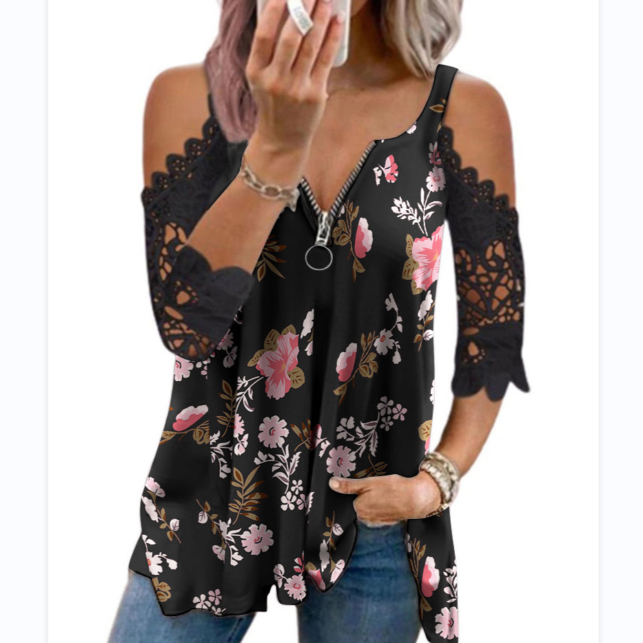 Sexy Off-Shoulder V Neck Lace Camisole Tops Casual Floral Zipper Womens T Shirts Wholesale