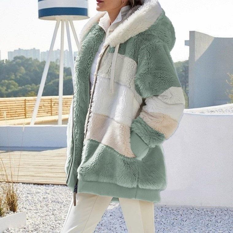 Women Hooded Colorblock Patchwork Warm Plush Wholesale Coats And Jackets With Pockets