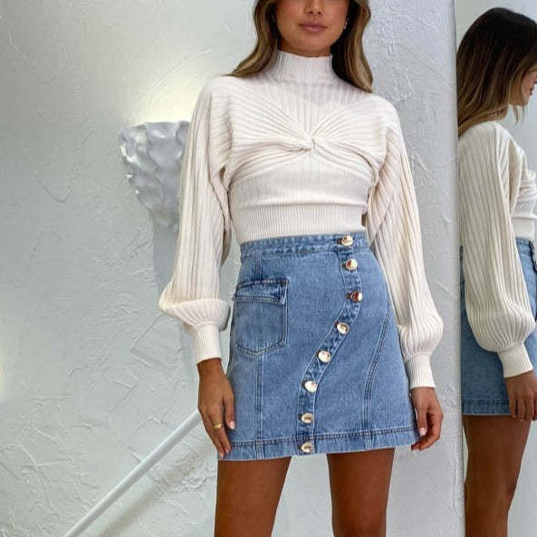 Single Breasted Fashion Washed Denim Skirts Wholesale