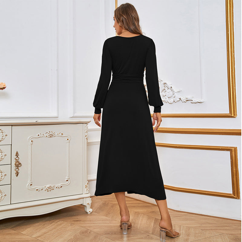 Long-Sleeved Simple Sexy V-Neck Slit Slim-Fit Temperament A-Line Dress Wholesale Dresses