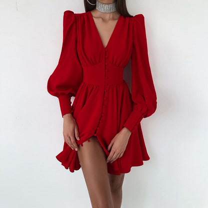 Solid Color Single-Breasted Balloon Sleeve Swing Dress Wholesale Dresses