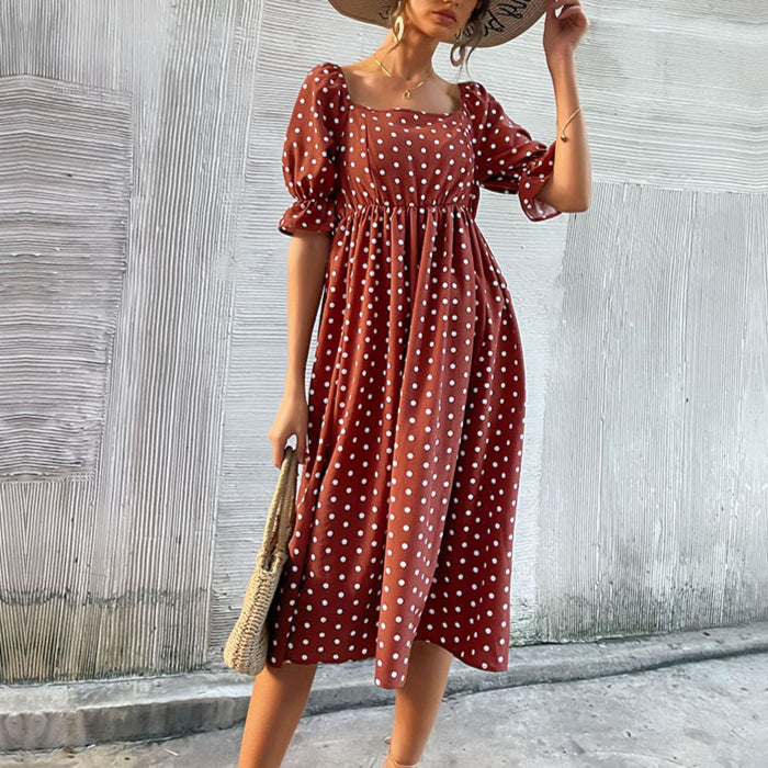 Polka Dot Print Square Neck Ruffle Sleeve Wholesale Pleated Dresses