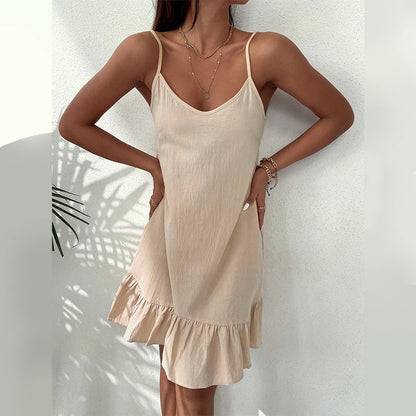 Plain Color Spaghetti Strap Sleeveless Wholesale Ruffle Hem Dresses