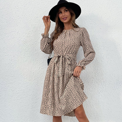 Leopard Print Long Sleeve Pleated Dress Wholesale Dresses