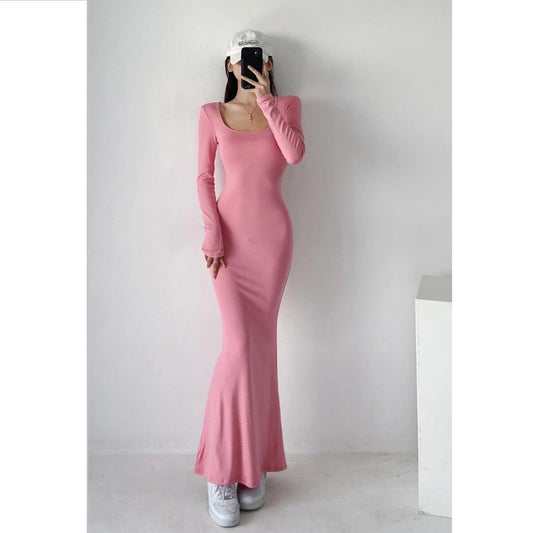 Square Neck Slim Mermaid Long Sleeve Solid Color Maxi Dress Wholesale Dresses