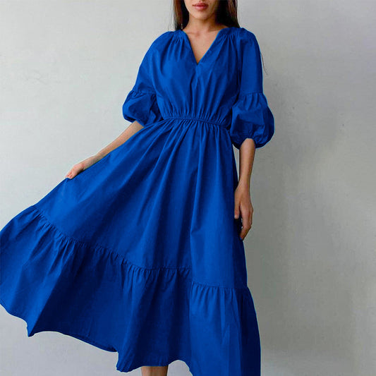 Klein Blue V Neck Puff Sleeve A-Line Dress Solid Color High Waist Midi Wholesale Dresses