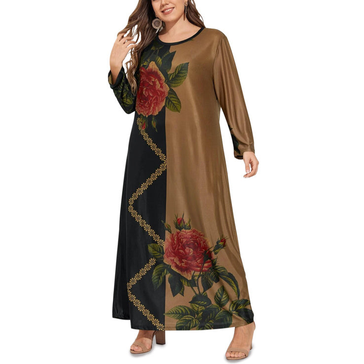 Retro Color Matching Print Maxi Dress Loose Long Sleeve Plus Size Wholesale Dresses