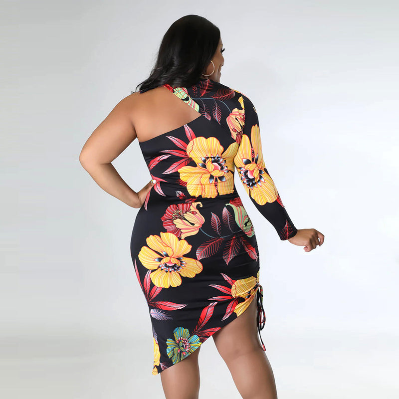 Wholesale Plus Size Women'S Clothing Sexy Halter Neck Skinny Printed Unilateral Long Sleeve Drawstring Irregular Dress