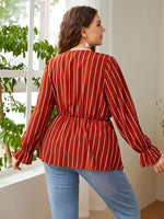 Casual Lapels V Neck Long Sleeve Striped Blouses Wholesale Plus Size Clothing
