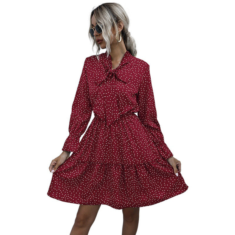 Polka Dot Print Puff Sleeve Bowknot Chiffon Wholesale Swing Dresses For Women