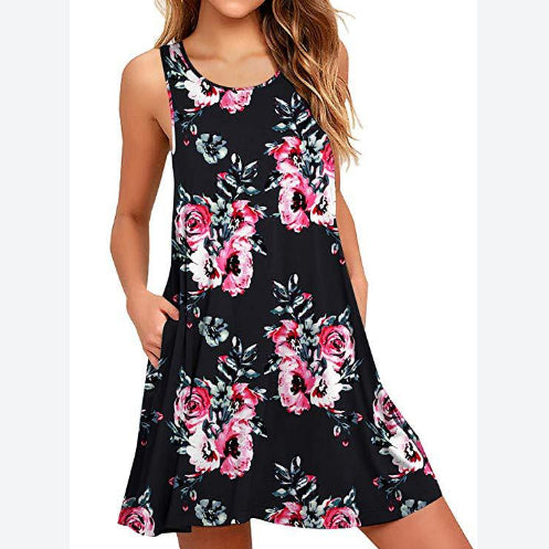 Women Fashion Floral Print Sleeveless Wholesale Tank Dresses With Pockets Summer