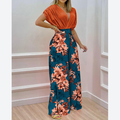 Dolman Sleeve Floral Printed Deep-V Bodysuits & Wide-Leg Pants Wholesale Womens 2 Piece Sets