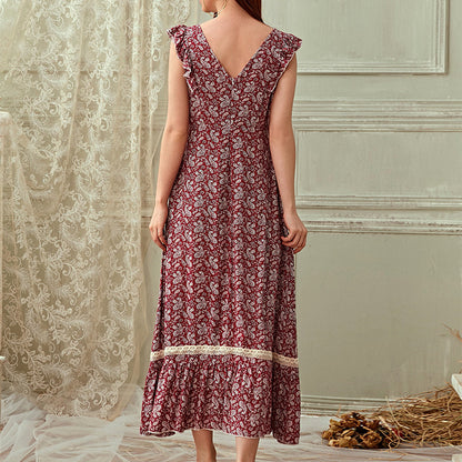 Printed Sleeveless Square Neck Casual Pastoral Style Ruffled Dress Wholesale Dresses